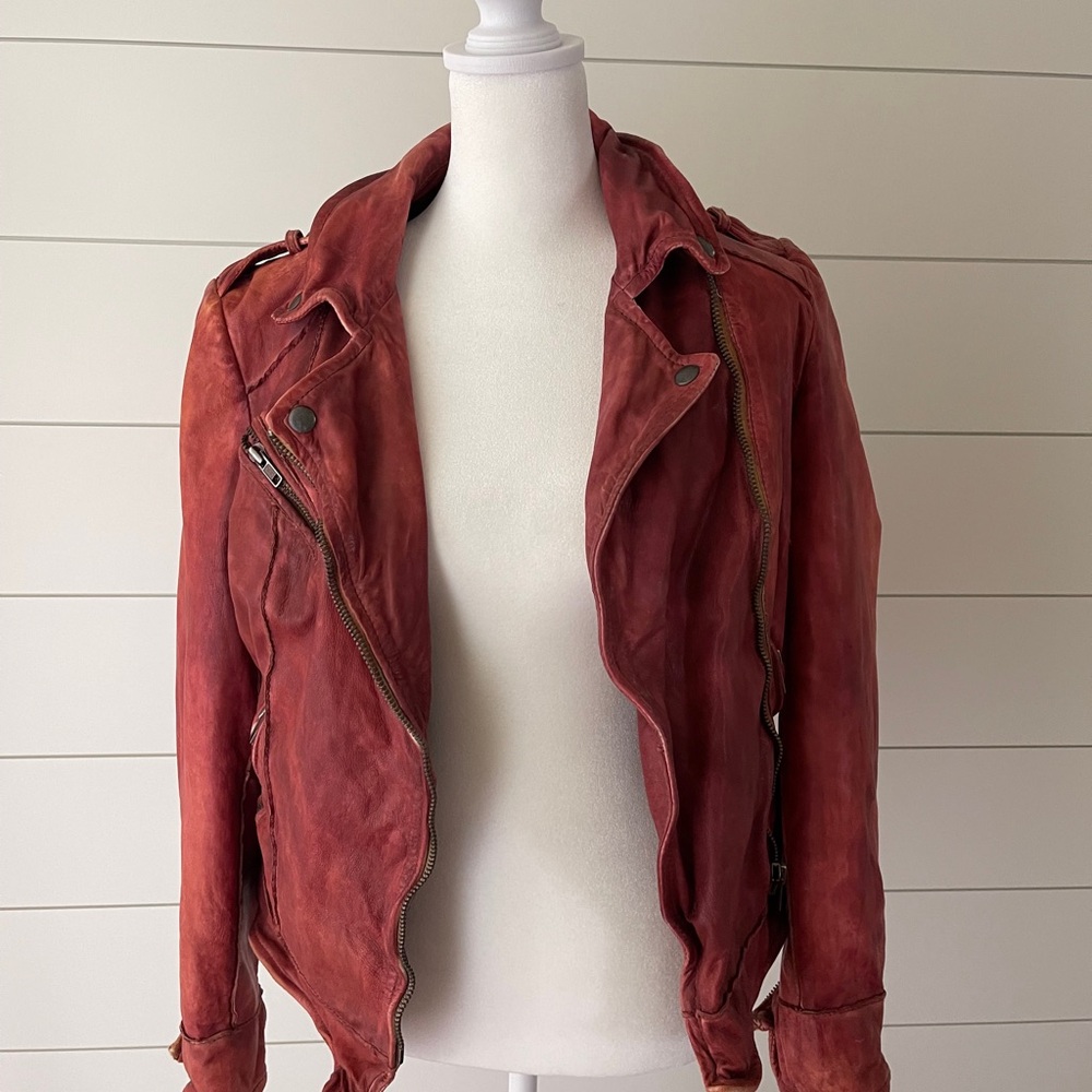 MUUBAA Mallow Washed Leather Biker Jacket VINTAGE RED UK 10 EU 38 US 6  M